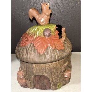 Vintage Ceramic Squirrel Nut Candy Jar Tree House CottageCore